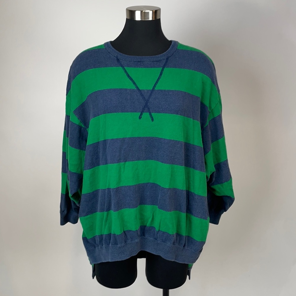 Free people, green + blue striped crew neck sweatshirt.